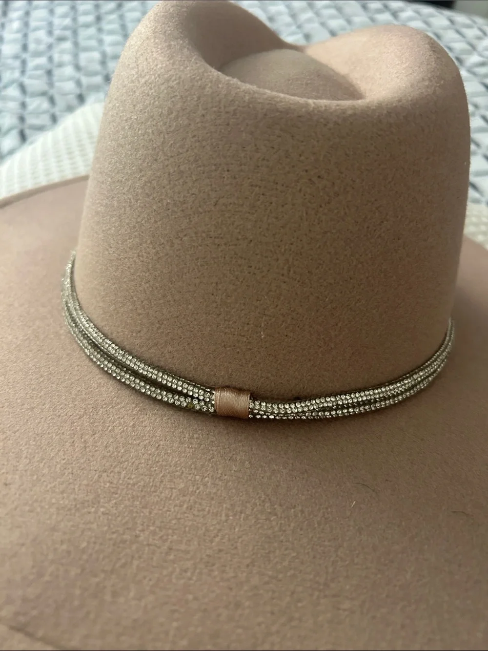 Wide Brim Felt Fedora with Rhinestone Band in Taupe On SALE - Picture 3 of 5